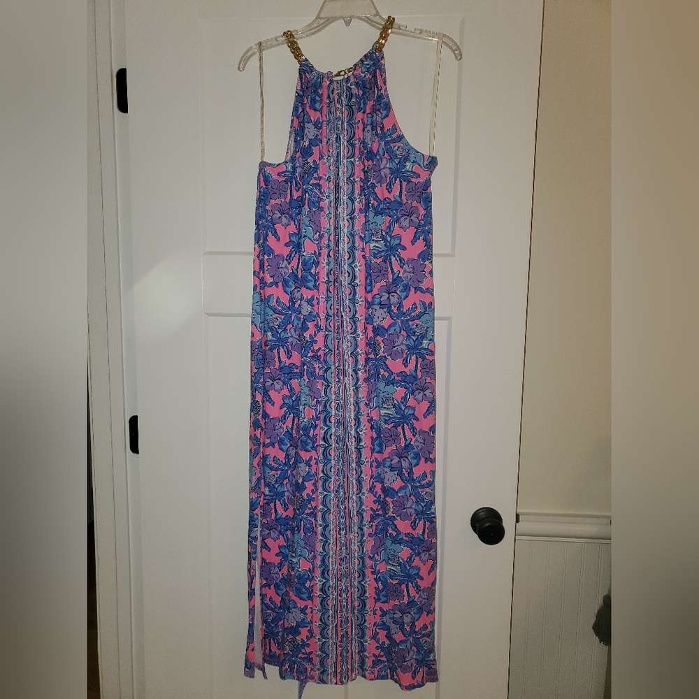 Lilly Pulitzer Bingham Midi Halter Dress Soleil Pink Palm Paradise Sz L, NWT
